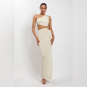 Meshki Paige Ruched Side Cut Out Maxi Dress- nude